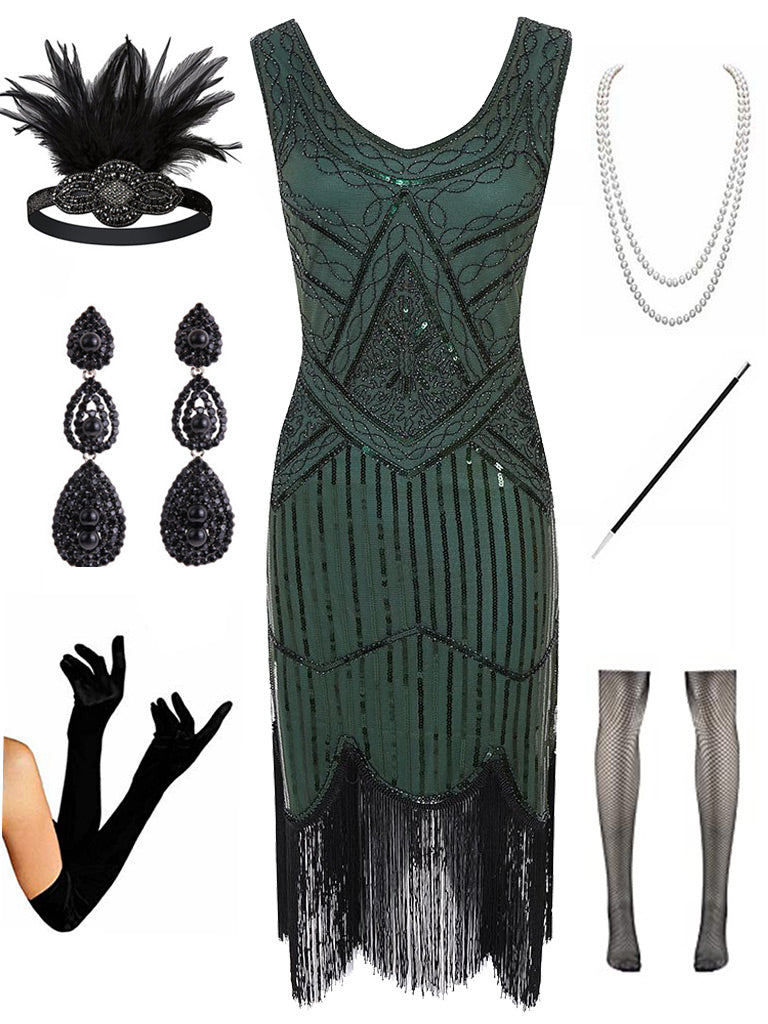Sequined Fringed Flapper 20S Dress Set