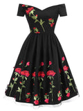 Off Shoulder 1950s Rose Embroidery Dress