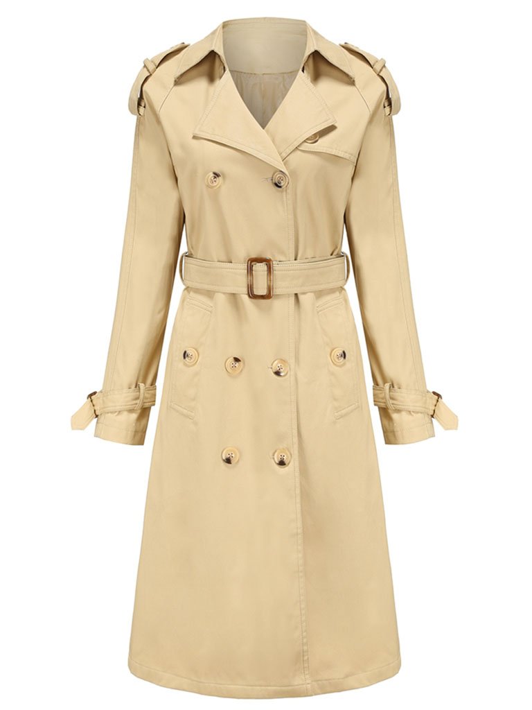 Trench Coat Going out Fall Winter Turndown Collar Button Waisted Solid Color Long Coat
