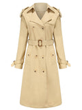 Trench Coat Going out Fall Winter Turndown Collar Button Waisted Solid Color Long Coat