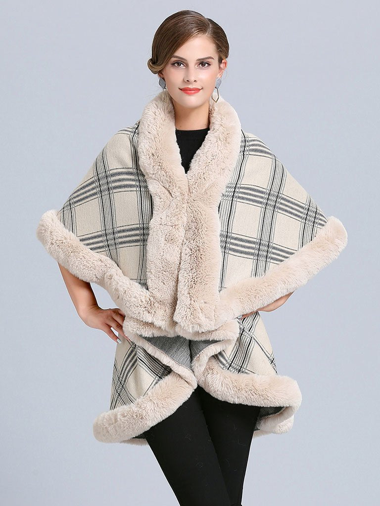 Poncho Wrap Faux Fur Collar Double Layer