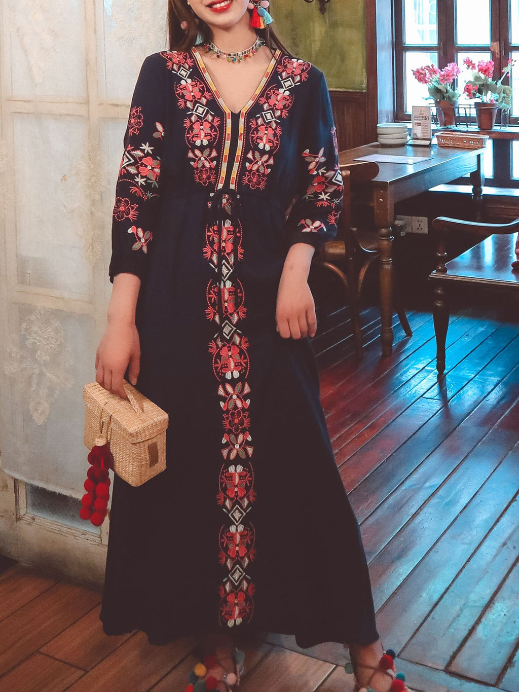 Bohemian Embroidered Floral V Neck Long Sleeve Cotton Boho Maxi Dress