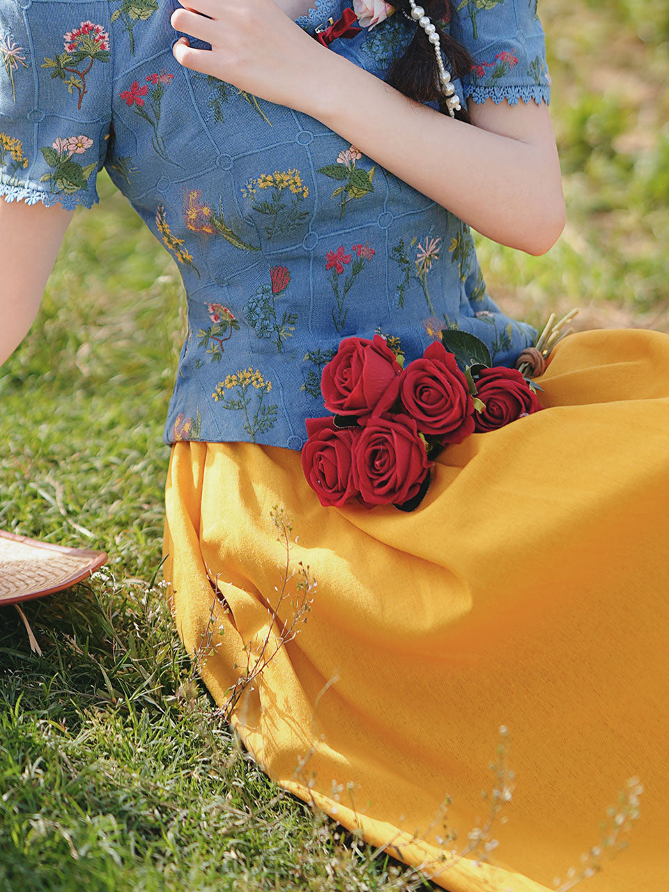 Navy Cotton Embroidered Top and 1950s Yellow Vintage Skirt Suit Inspired by Snow White