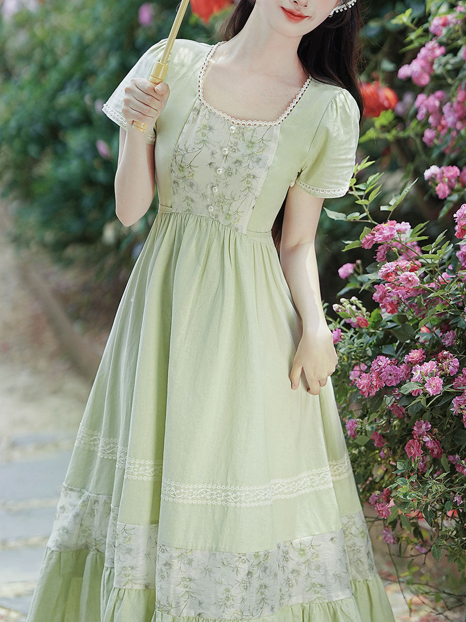 Green Square Collar Short Sleeve Vintage Fairy Lace Dress
