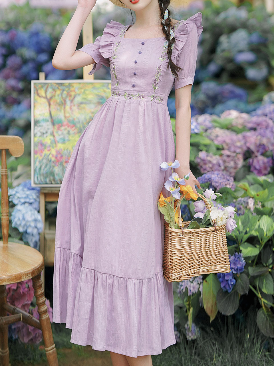 Purple Square Collar Butterfly Sleeve Vintage Fairy Dress