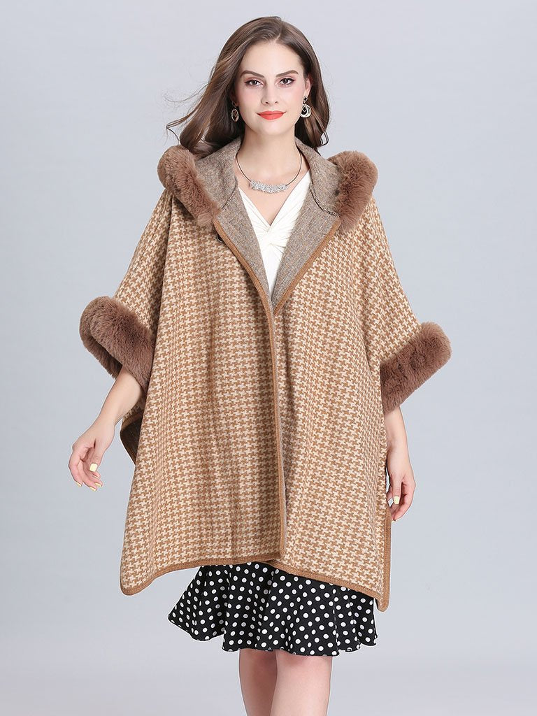 Faux Fur Coat Wool Cape Coat Hooded Long Sleeve Gingham Overcoat