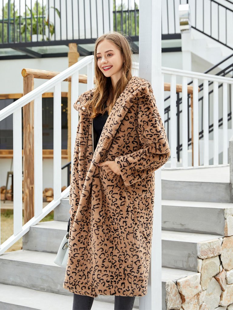 Faux Fur Coat Leopard Hooded Long Sleeve Oversized Winter Coat
