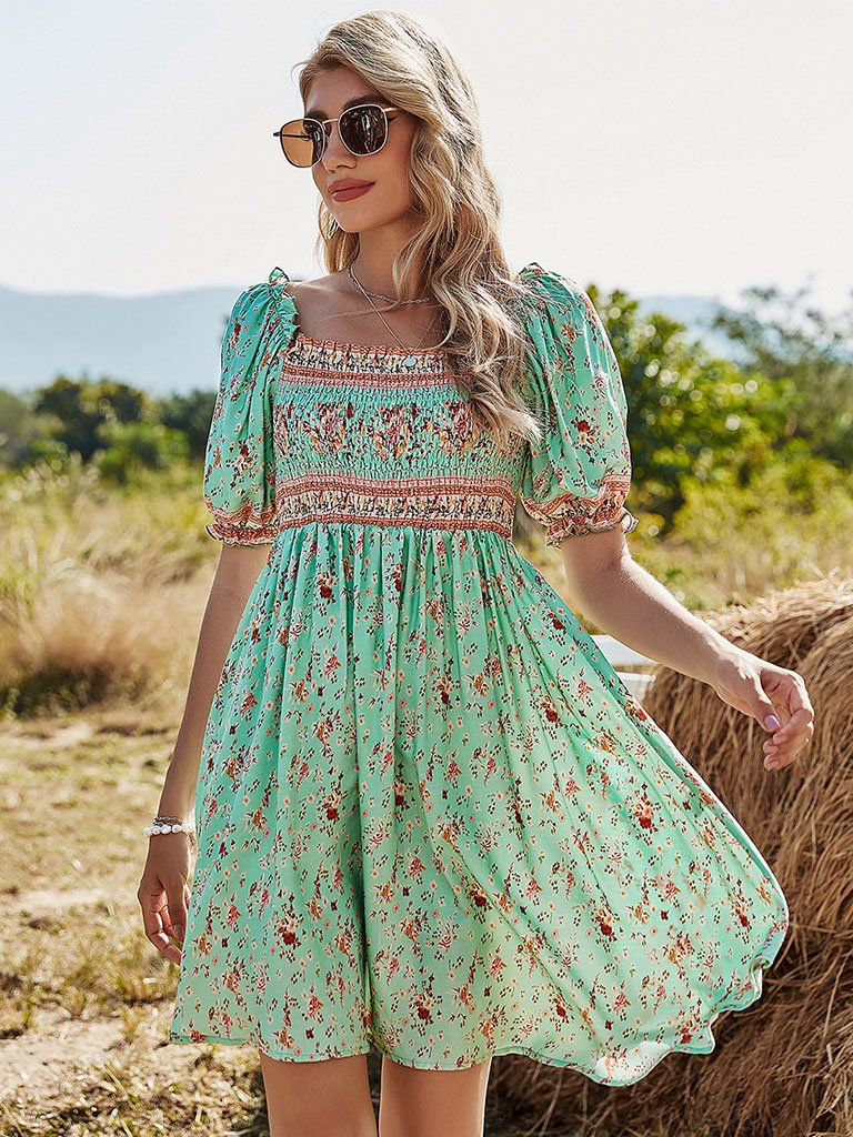 Green Floral Boho Dress Short Ruffle Sleeve Square Neck Beach Dress