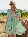 Green Floral Boho Dress Short Ruffle Sleeve Square Neck Beach Dress
