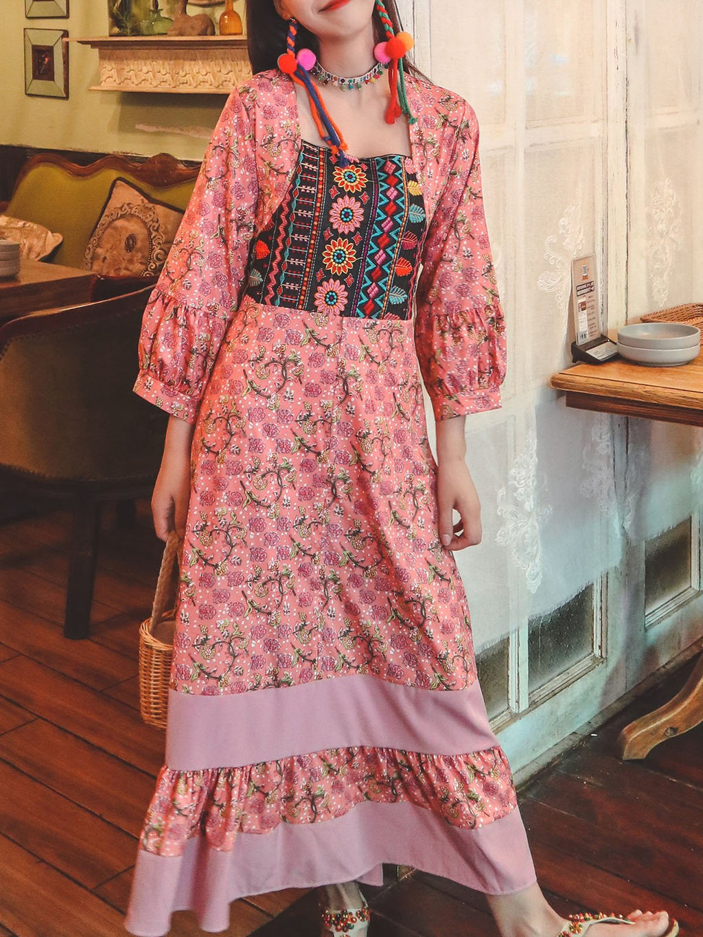 Bohemian Floral Printed Embroidered Square Neck 3/4 Pleated Sleeve Boho Maxi Dress