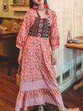 Bohemian Floral Printed Embroidered Square Neck 3/4 Pleated Sleeve Boho Maxi Dress