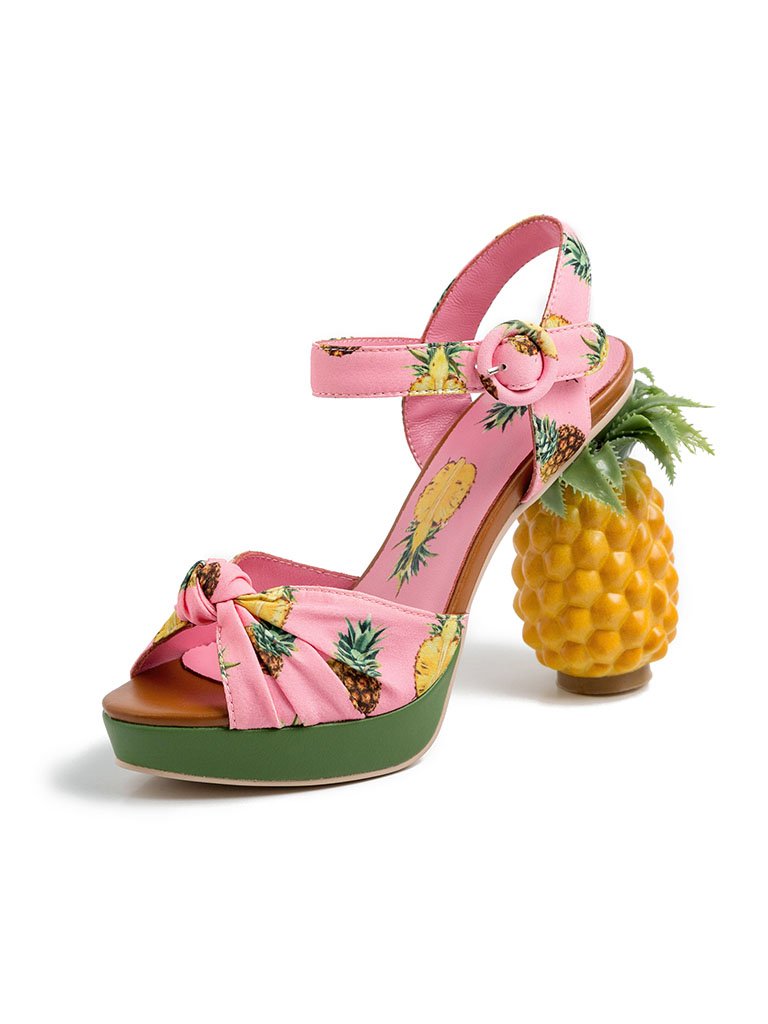Fruit Heel Pineapple Print Platform Bow Vintage Sandals