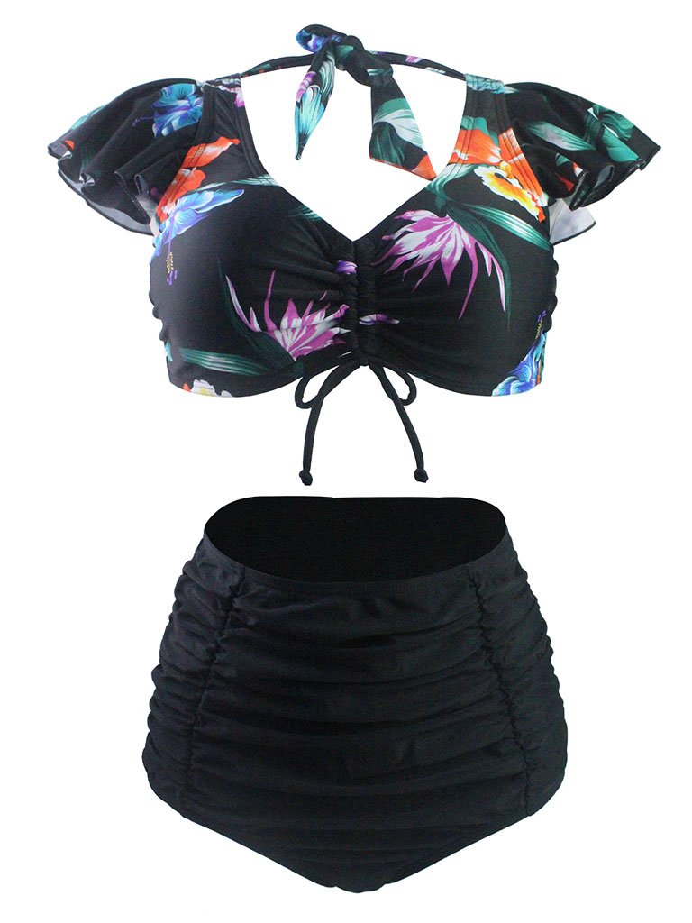 Black Floral 3D Print V Neck Retro Style Bikinis Swimsuits Bathing Suit