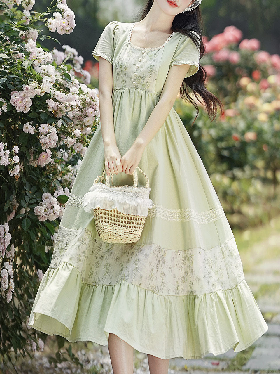 Green Square Collar Short Sleeve Vintage Fairy Lace Dress