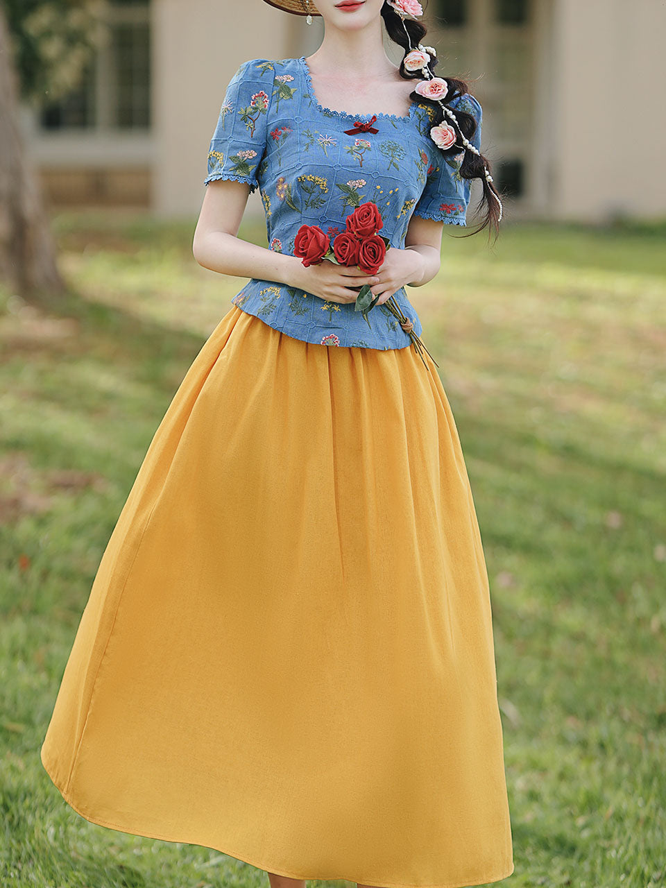Navy Cotton Embroidered Top and 1950s Yellow Vintage Skirt Suit Inspired by Snow White