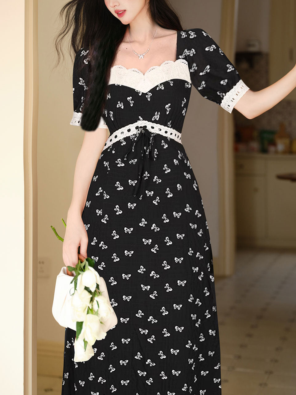 Black Bow Lace Square Neck Regency Dress