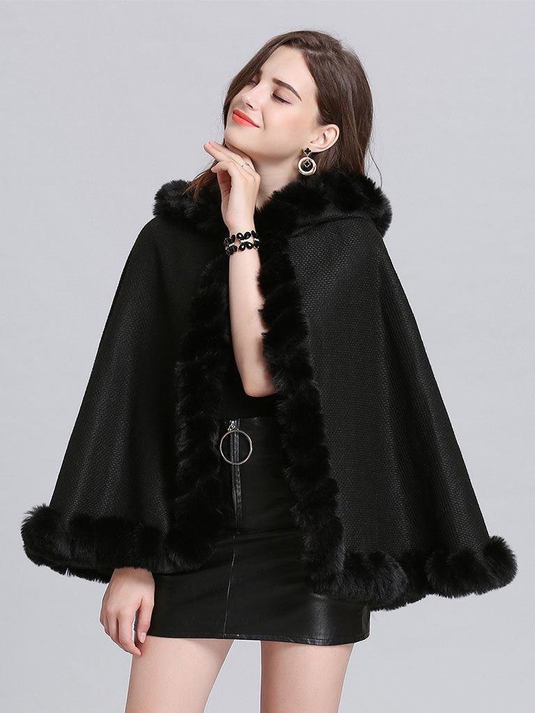Hooded Winter Coat Faux Fur Long Sleeve Open Front Luxurious Cape Coat For Women