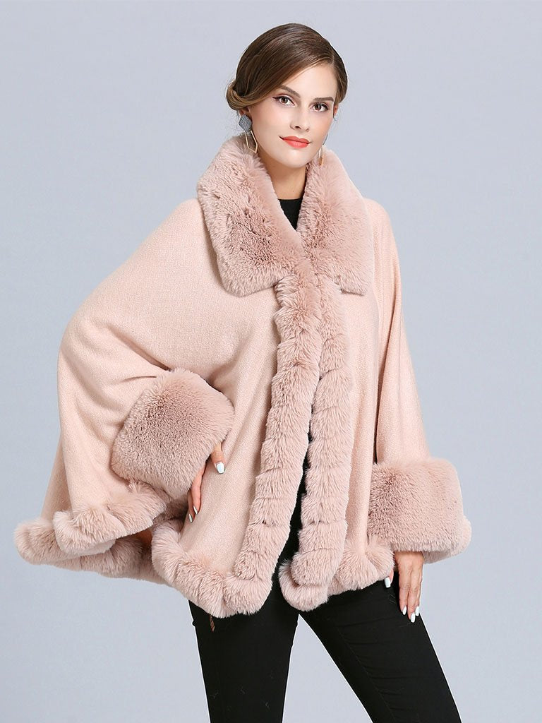 Poncho Sweater Faux Fur Coat Shawl Collar