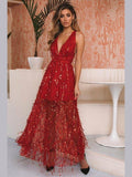 Deep V Sequin Back Cross Prom Maxi Dress