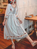 Bohemian Floral Embroidered V Neck 3/4 Flared Sleeves Boho Dress