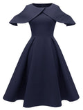 Navy 1950s Open Shoulder Ruffles Vintage Dress