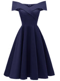Navy 1950s Off Shoulder Swing Vintage Party Dress