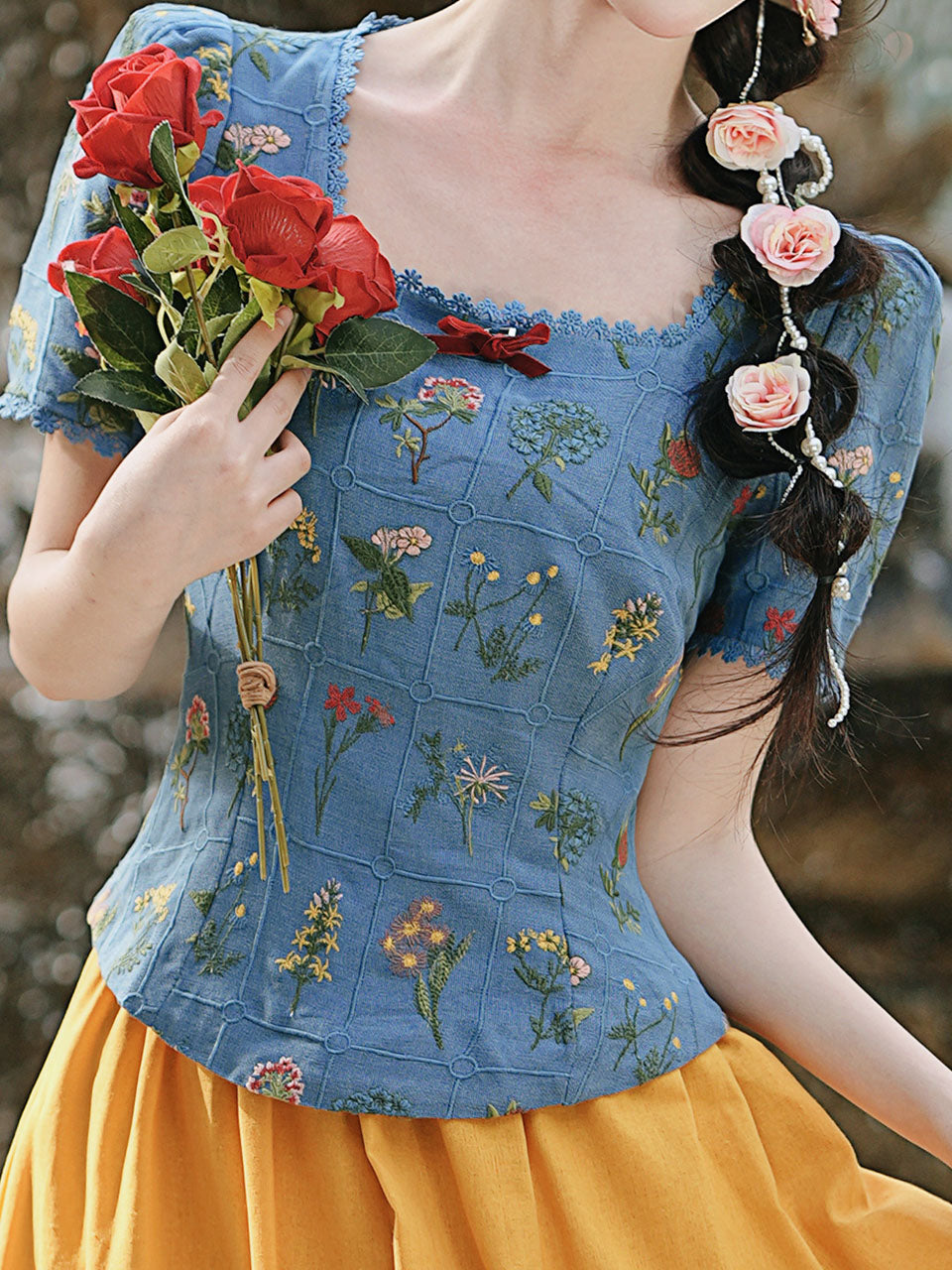 Navy Cotton Embroidered Top and 1950s Yellow Vintage Skirt Suit Inspired by Snow White