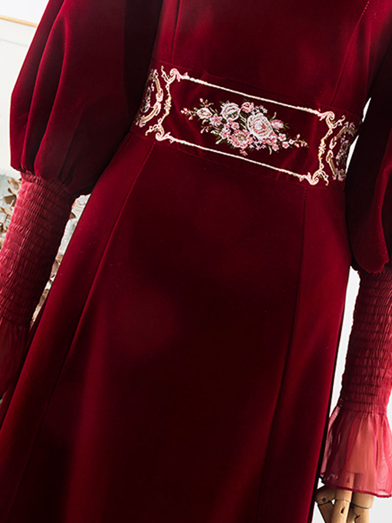 Embroidered Lantern Sleeve Vintage Little Red Dress