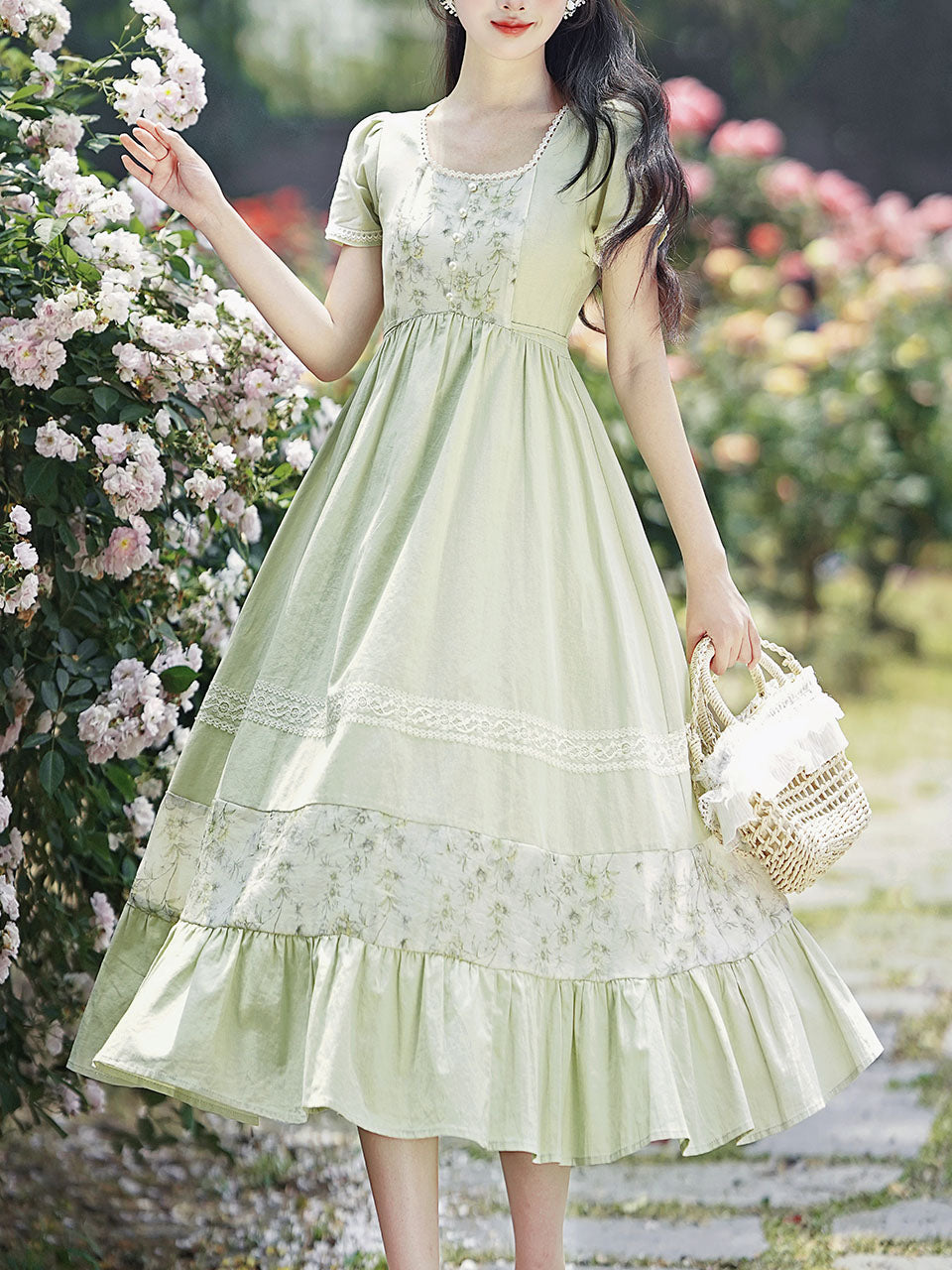 Green Square Collar Short Sleeve Vintage Fairy Lace Dress
