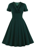 Dark Green V Neck Short Sleeve 50S Vintage Dress