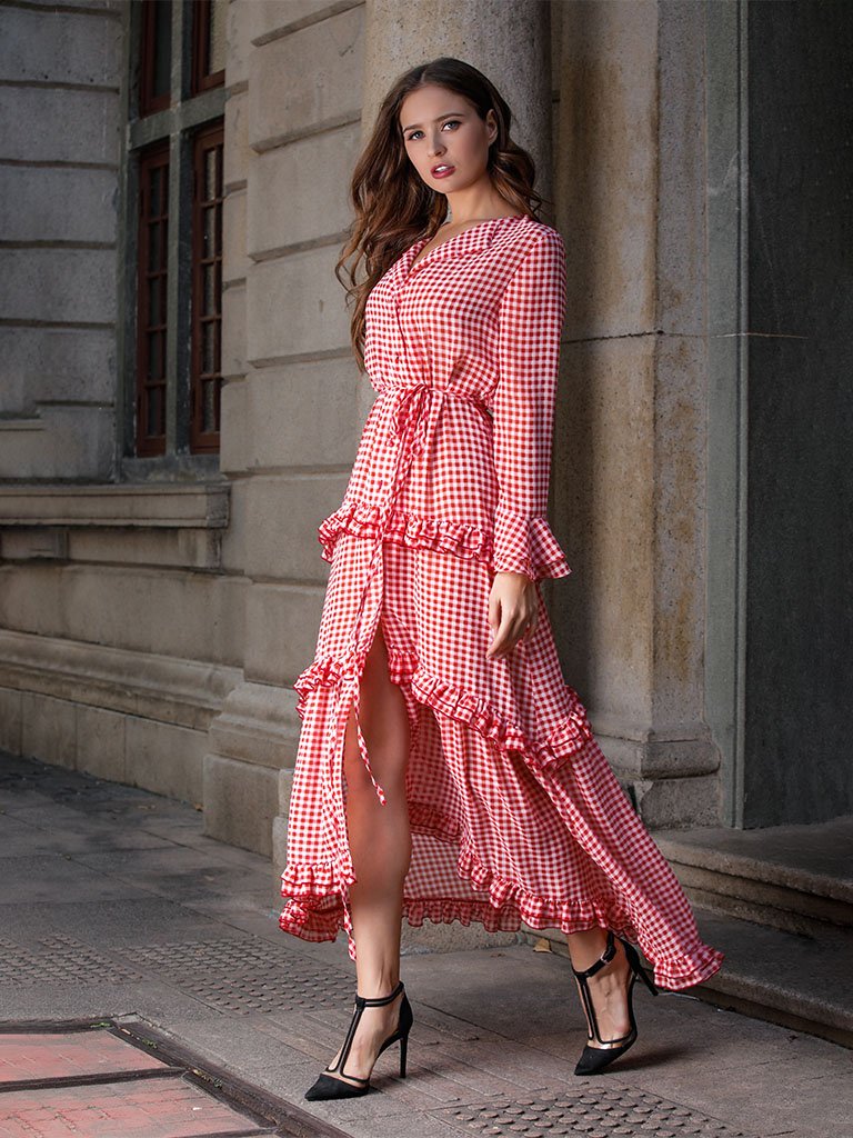 Boho Dress Red Plaid Splid Ruffles Peplum Maxi Dress Cake Dress