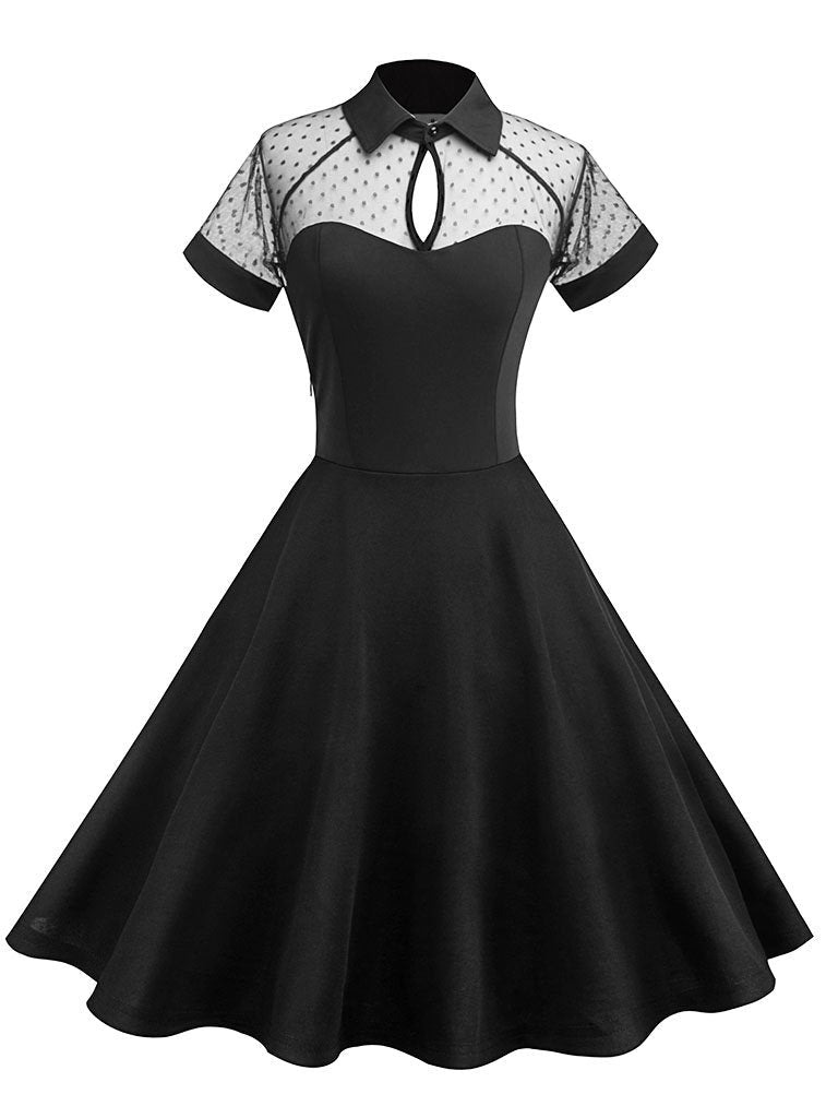 Elegant Keyhole Semi Sheer Short Sleeve Vintage Dress