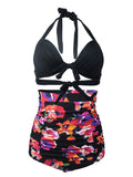 Black Floral Print Halter Backless Retro Style Binikis Swimwear Bathing Suit