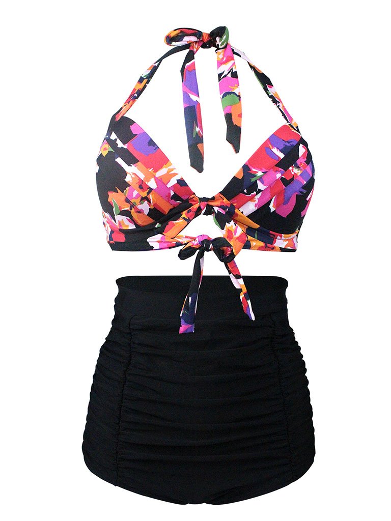 Floral Print Halter Backless Retro Style Binikis High Wasited Swimwear Bathing Suit