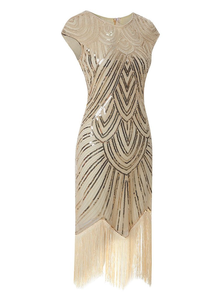 1920s Champagne Fringed Sequined Flapper 1920s Great Gatsby Dress
