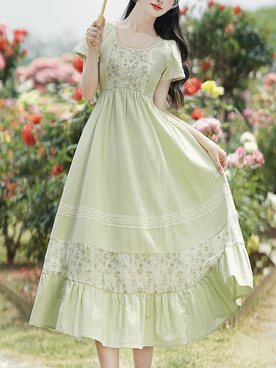 Green Square Collar Short Sleeve Vintage Fairy Lace Dress