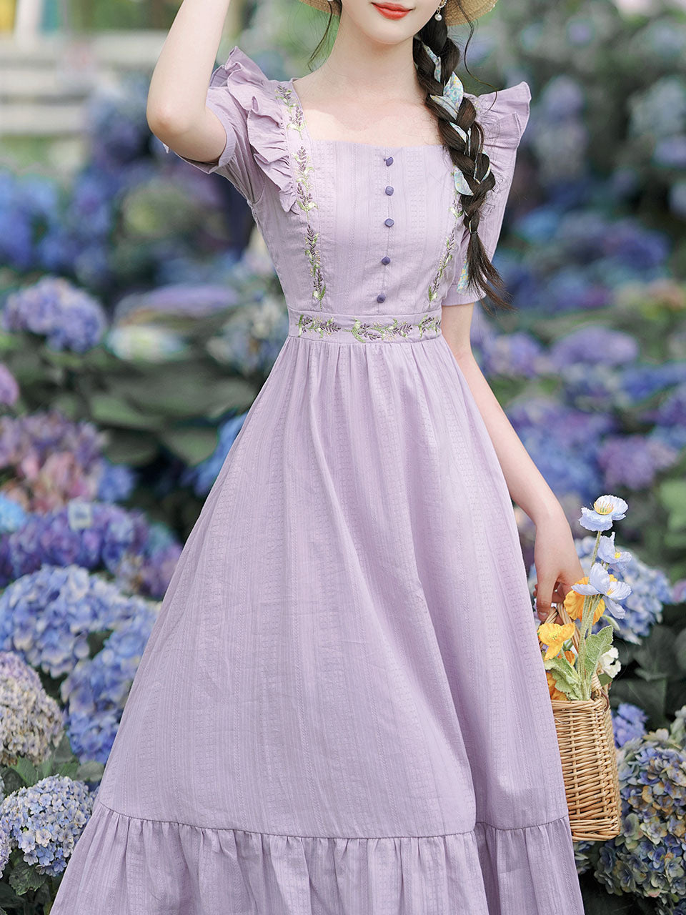 Purple Square Collar Butterfly Sleeve Vintage Fairy Dress