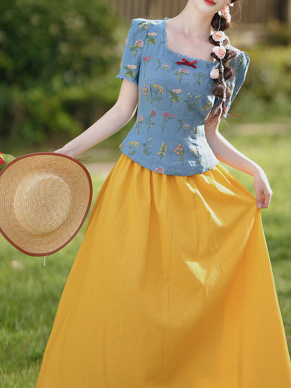 Navy Cotton Embroidered Top and 1950s Yellow Vintage Skirt Suit Inspired by Snow White