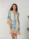 Boho Dress Fringe Floral Printed Midi Length Dress
