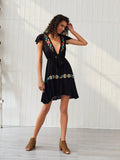 Boho Dress Deep V Neck Embroidered Short Sleeve Midi Length Dress