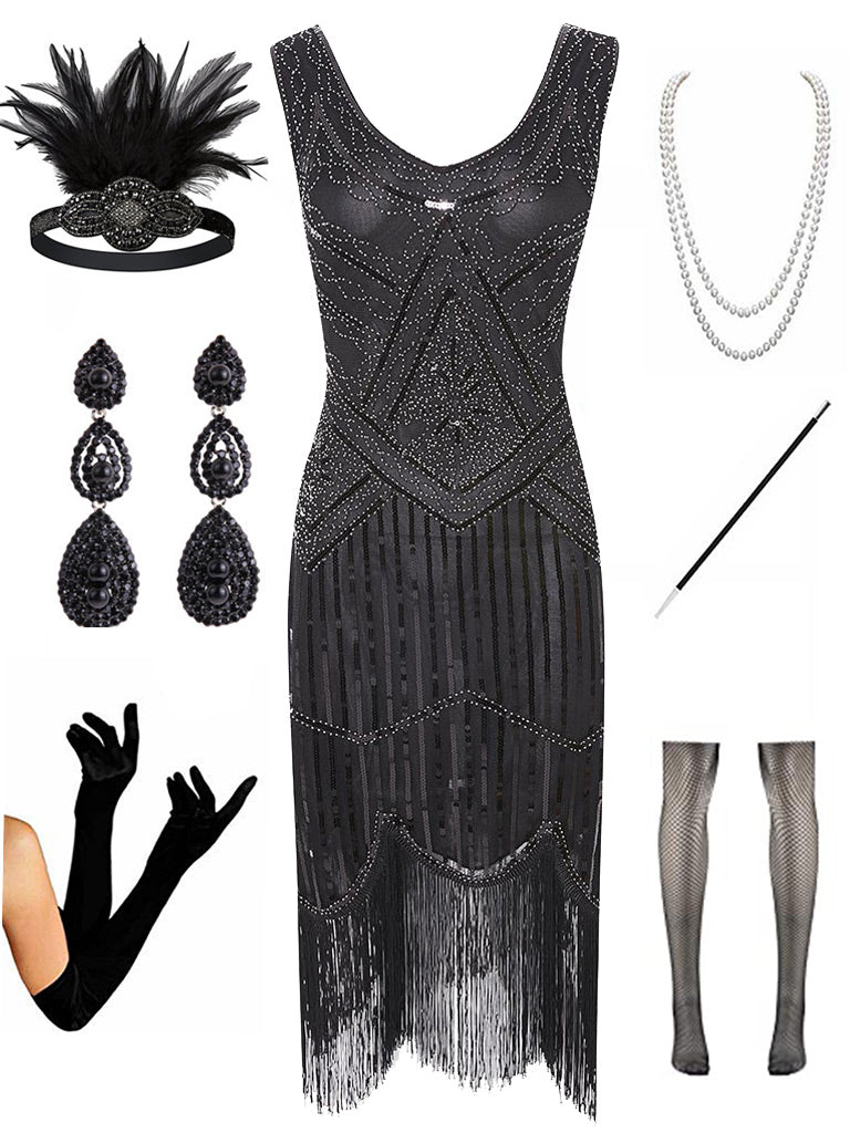 Sequined Fringed Flapper 20S Dress Set