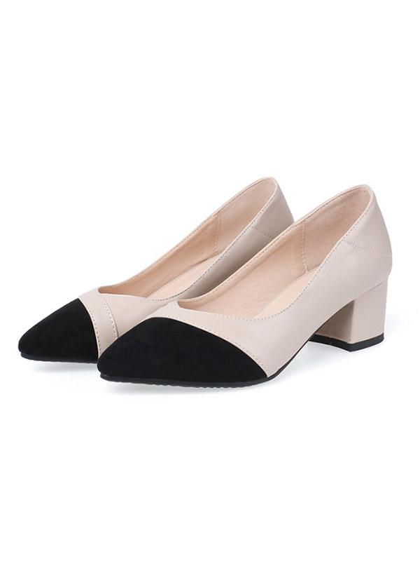 Heel Chunky Heel Pointed Cap-Toe PU Leather