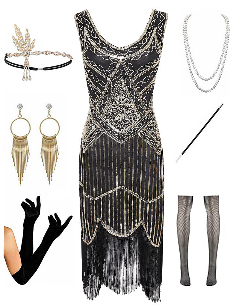 Sequined Fringed Flapper 20S Dress Set