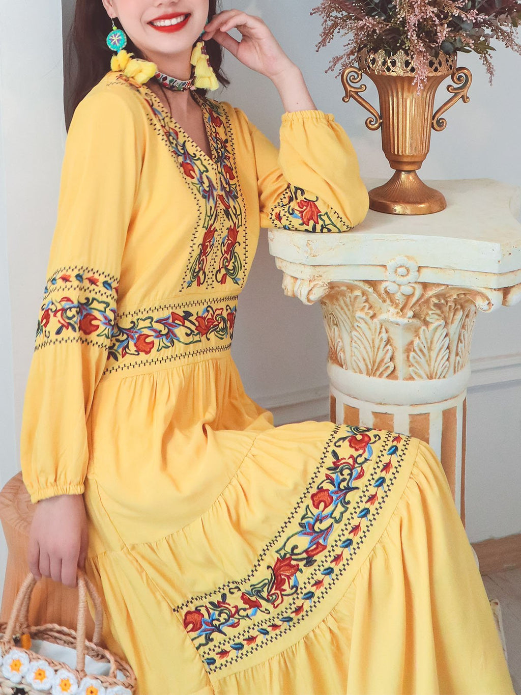 Jolly Vintage Embroidered Floral V Neck Long Sleeves Boho Maxi Cotton Dress