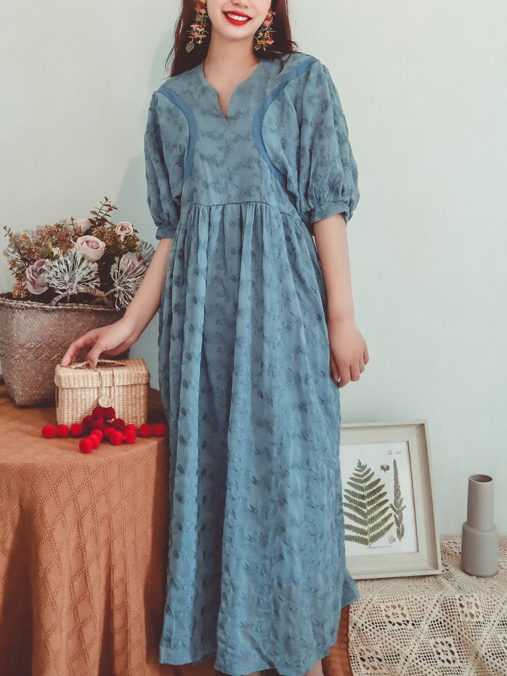 Embroidered Floral Lace Solid Backgrand V Neck Half Sleeve Maxi Boho Dress