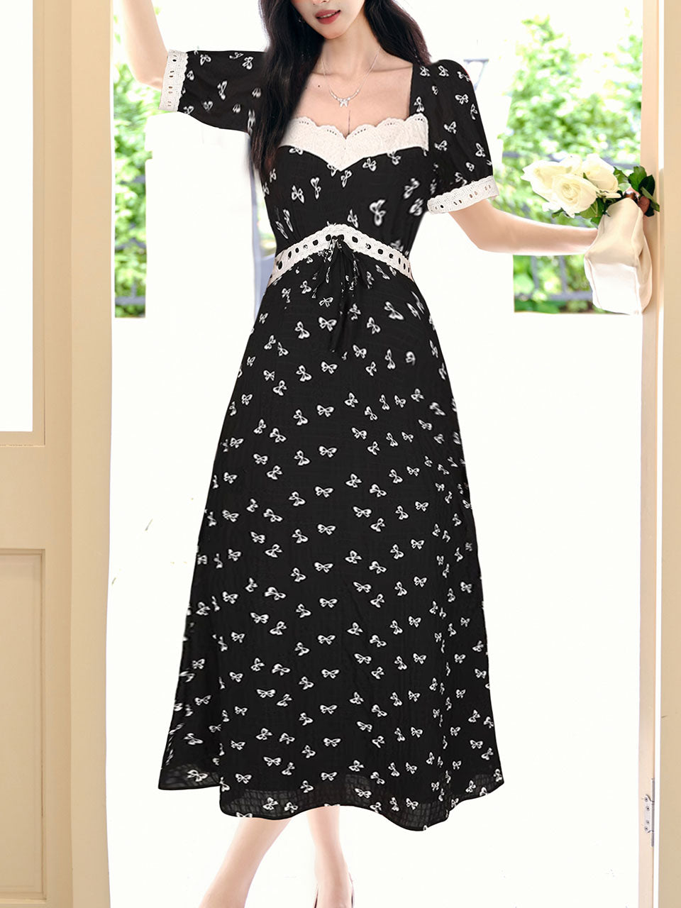 Black Bow Lace Square Neck Regency Dress