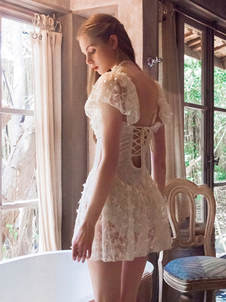 Fairy Style Lace Flowers Ruffles Vintage One Piece Swimwear Bathing Suit