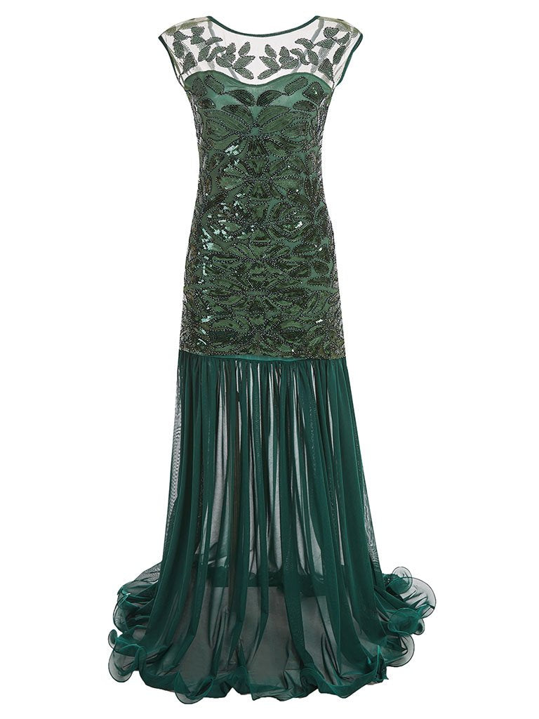 Green 1920s Maxi Sequined Flapper Dress Set