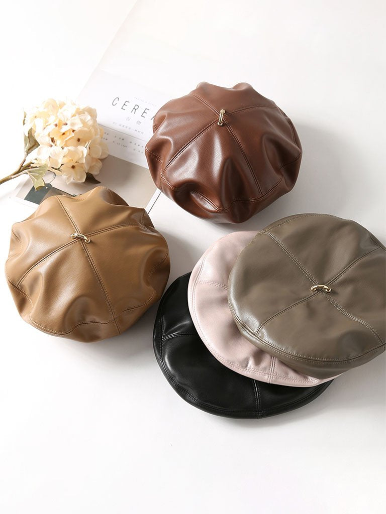 Faux Leather Beret Beanie Hat Cap