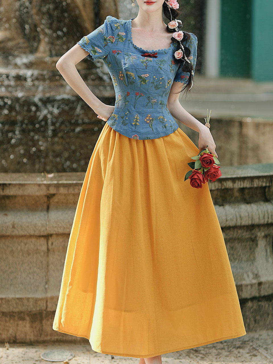 Navy Cotton Embroidered Top and 1950s Yellow Vintage Skirt Suit Inspired by Snow White